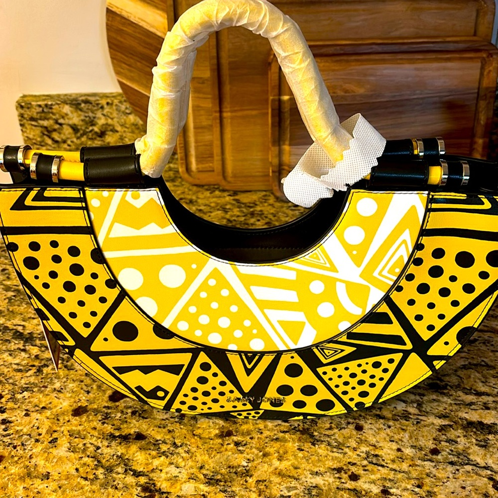 Sassy Jones Black/White/Yellow Vanessa African Print Leather Handbag